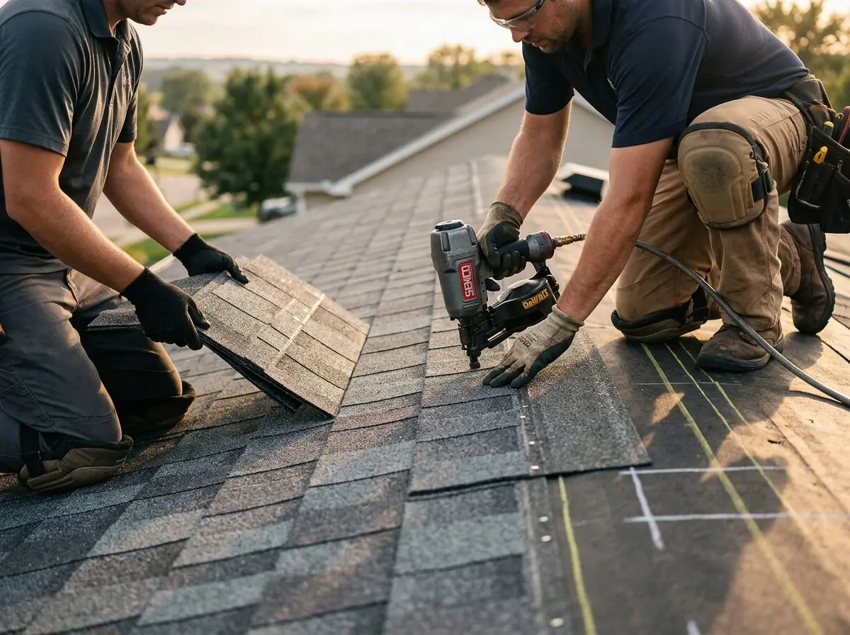 Professional roofer working on a residential roof in Wasilla